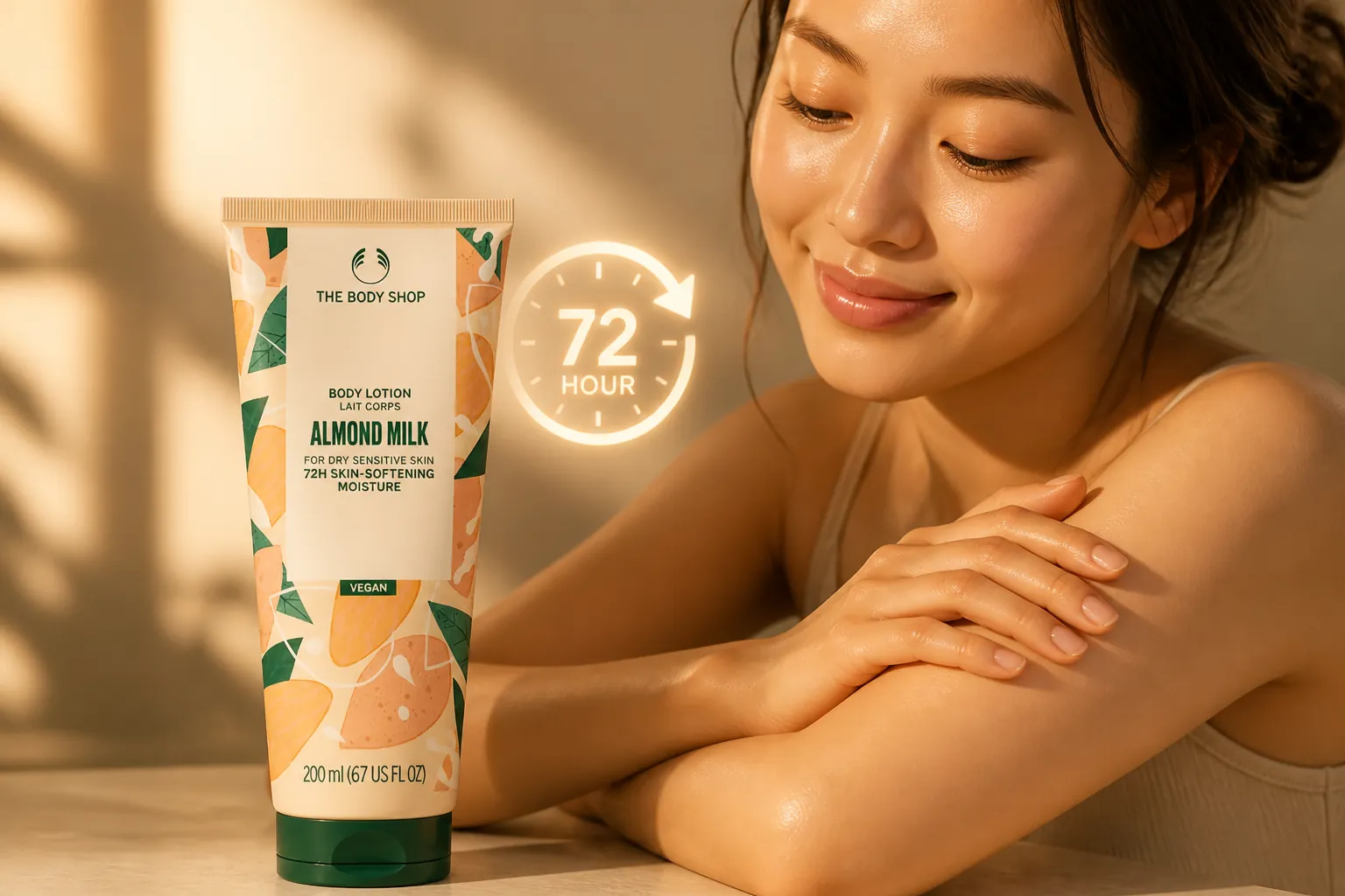 Serene woman with radiant smooth skin touching her arm confidently with a subtle 72-hour clock icon floating nearby, soft golden-hour lighting, natural and aspirational lifestyle feel