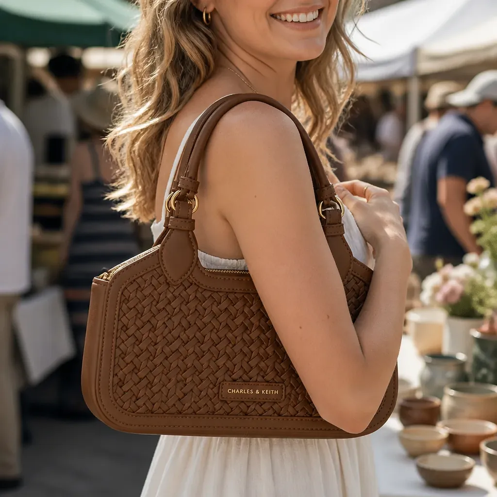 Smiling woman browsing a weekend artisan market while carrying the Mini Azure Woven Tote with a canvas tote bag beside her