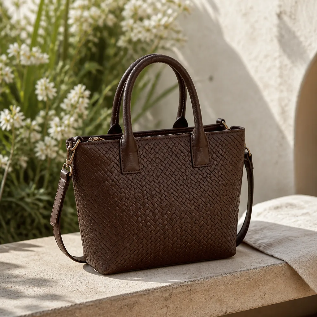 Main product view of the selected Mini Azure Woven Tote color variant with all accessories displayed, including the detachable canvas pouch and adjustable shoulder strap