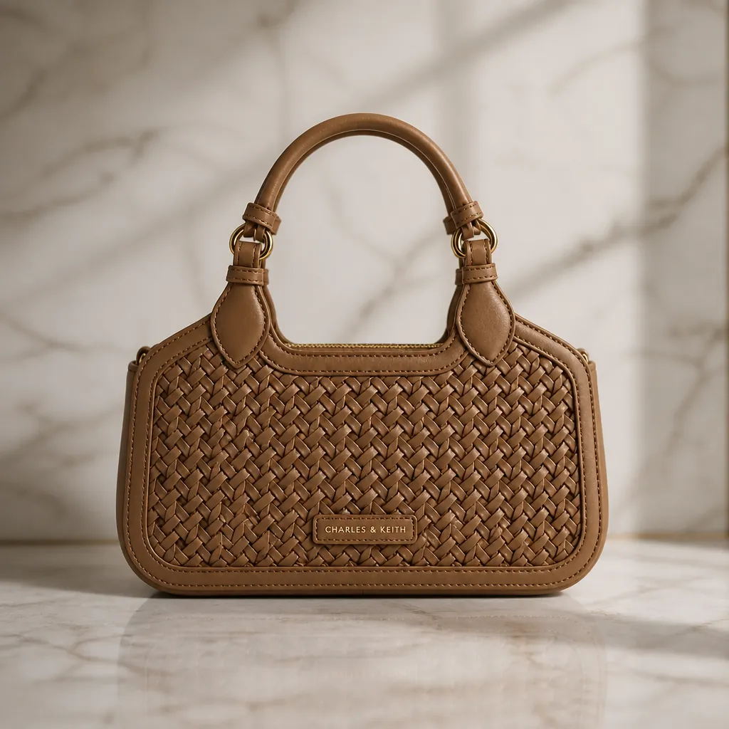 Clean product shot of the Mini Azure Woven Tote in elegant beige color, displayed on a marble surface with soft natural shadows