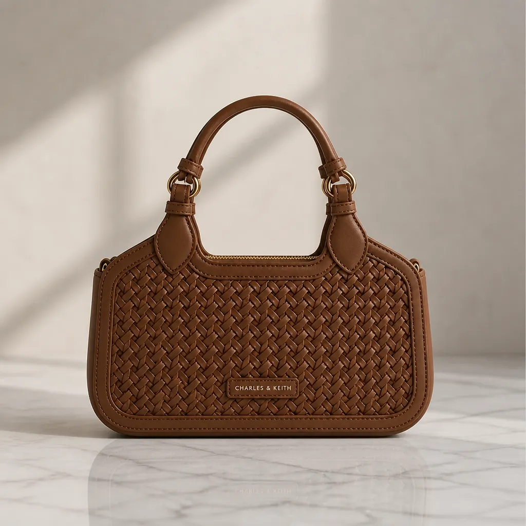 Clean product shot of the Mini Azure Woven Tote in rich chocolate brown color, displayed on a marble surface with soft natural shadows