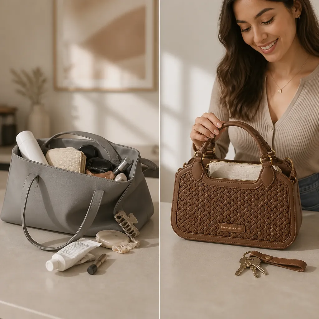 Split comparison showing on the left a basic disorganized tote bag with items falling out, and on the right the Mini Azure Woven Tote perfectly organized with the detachable canvas pouch