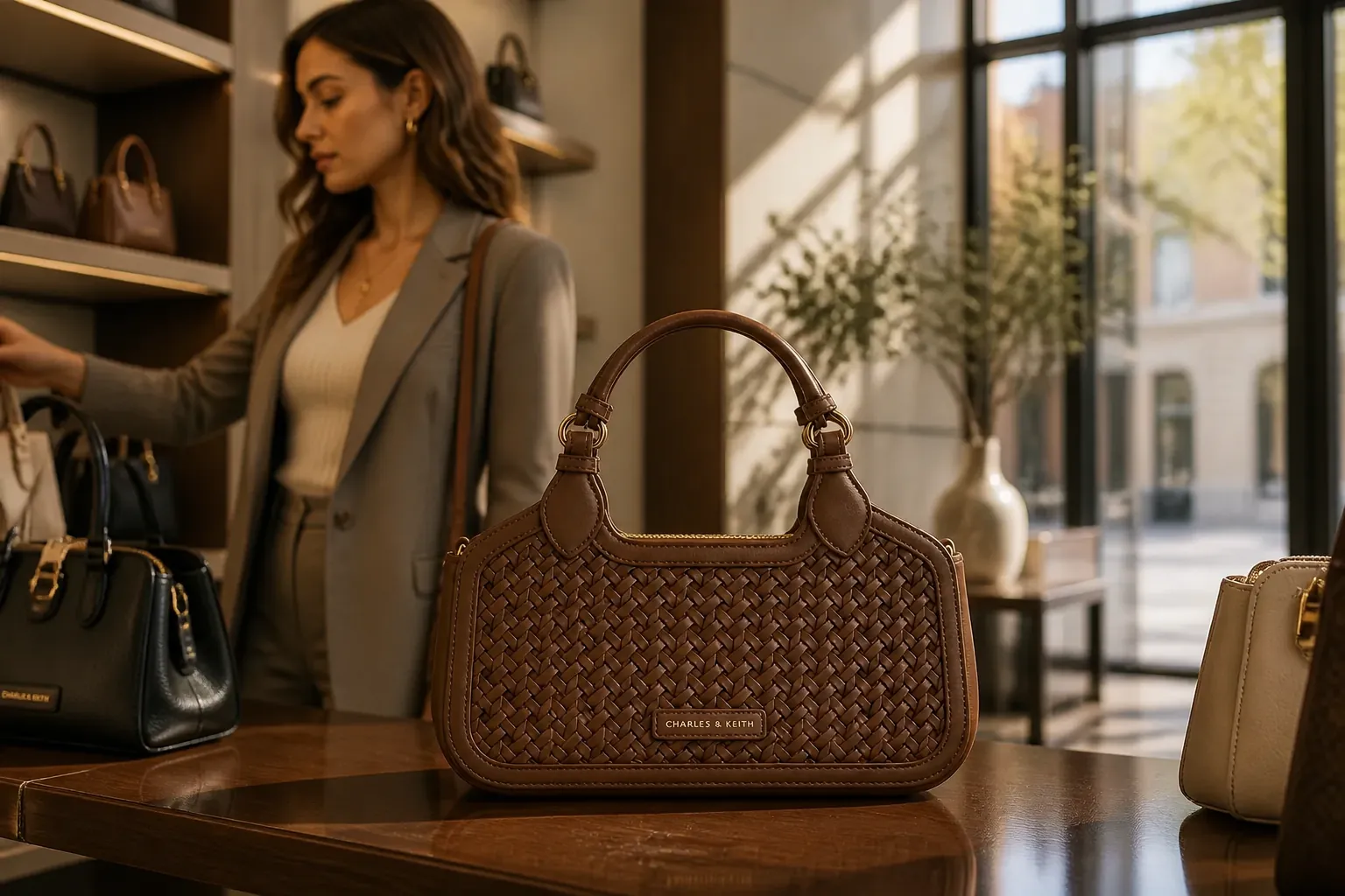 Comparison image showing luxury designer tote bags priced between Rs 8,000 to Rs 15,000, displayed in a high-end boutique setting
