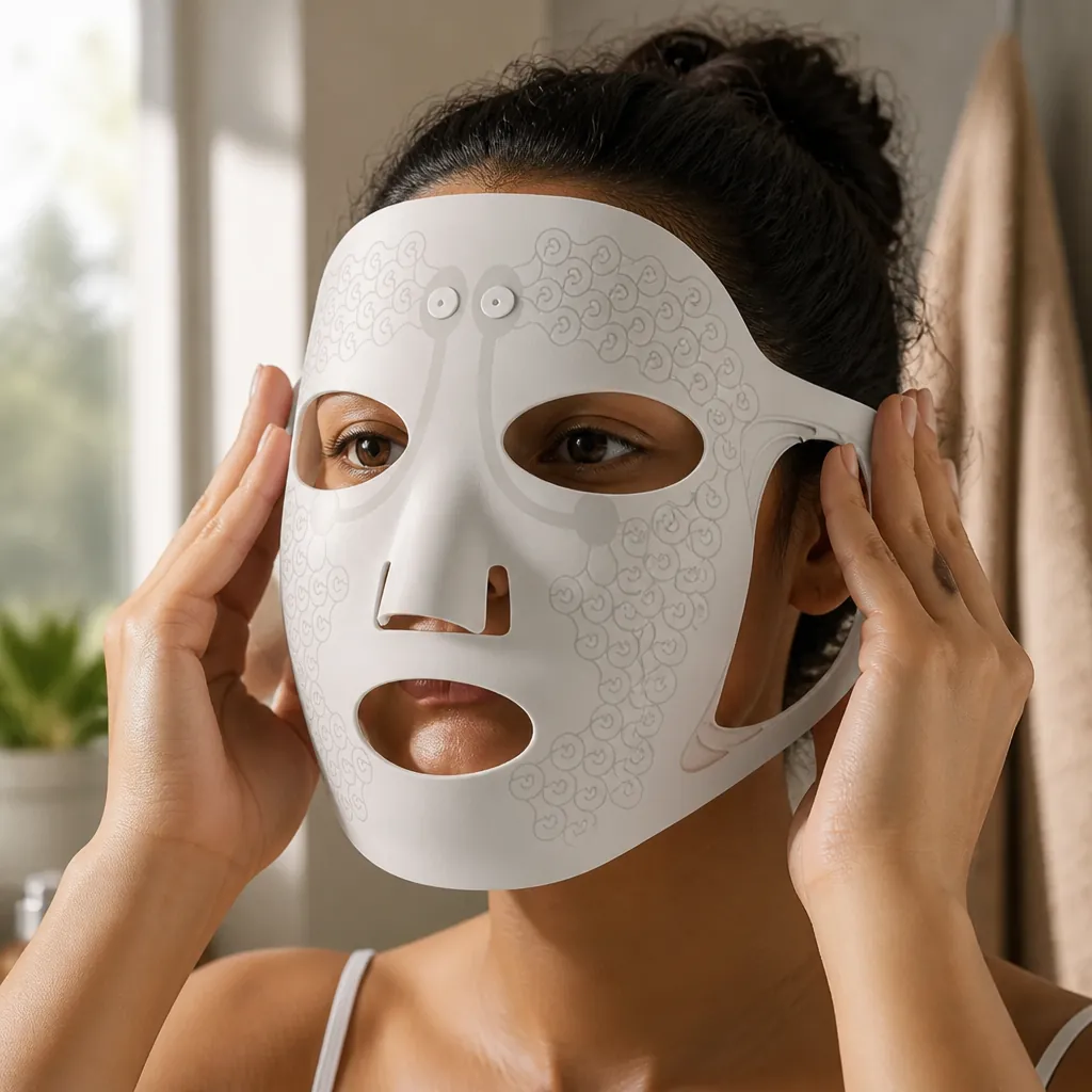 Step one showing elegant facial massage mask application with hands positioning the device on a face