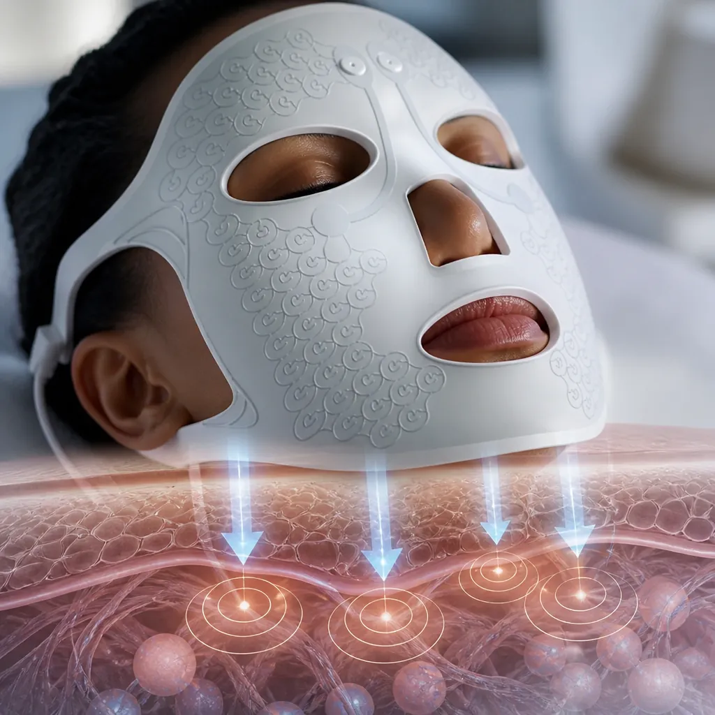 Cross-sectional diagram showing low-frequency pulse technology penetrating through skin layers, with visible collagen stimulation arrows and cellular activation indicators