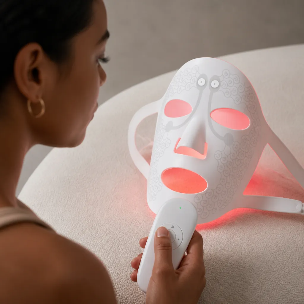 Step two displaying the mask with visible gentle pulse light activation and wireless remote control