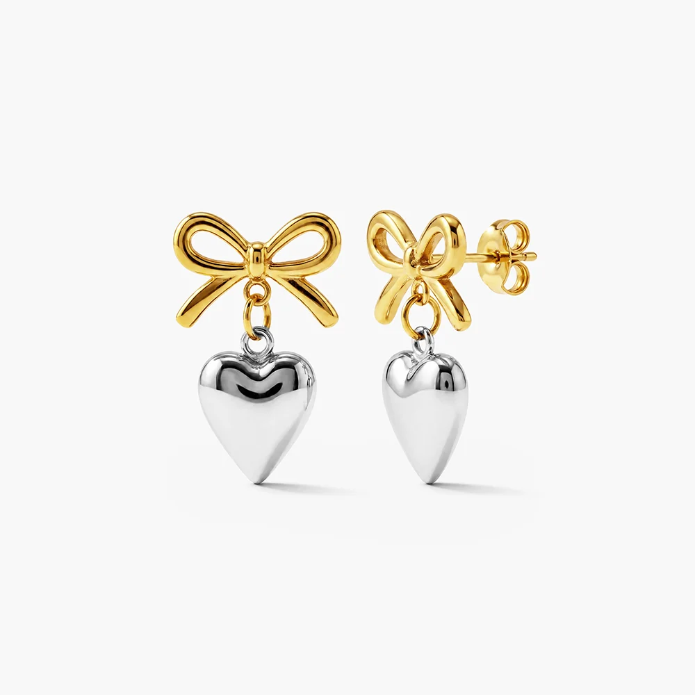 Rose Gold Love Heart Earrings with a wrapped gold and silver knot design