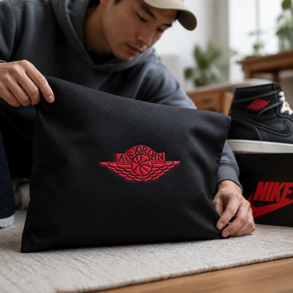 Black premium dust bag with embroidered Flight Club logo for protecting your collector's sneakers