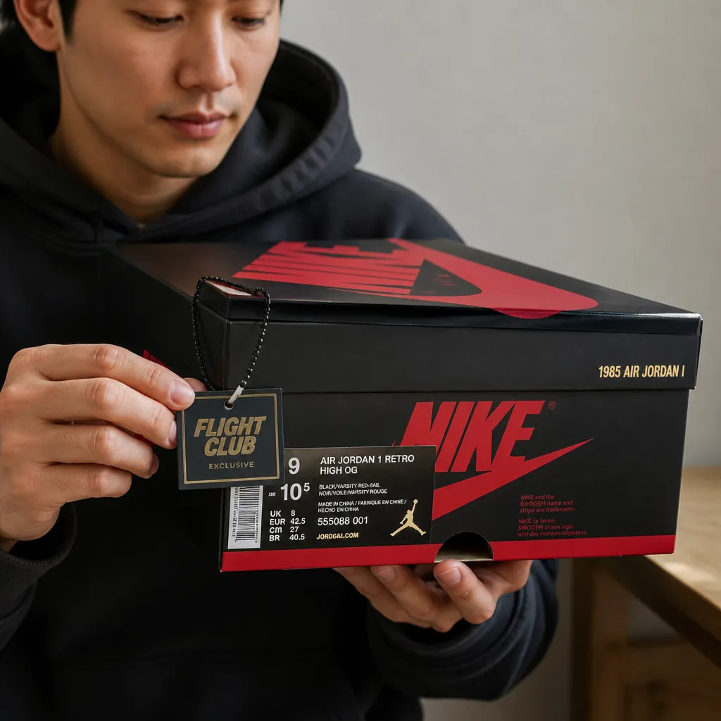 Premium original Air Jordan shoebox with Flight Club exclusive hang tag and collector's edition branding