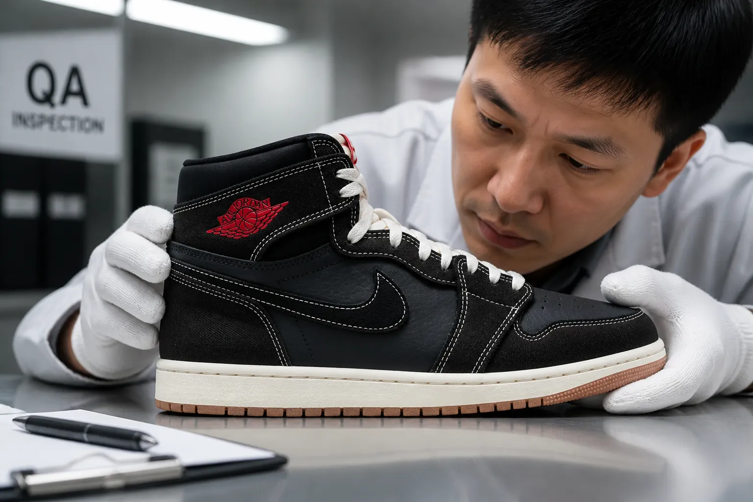 Quality assurance team carefully inspecting the Air Jordan 1 High OG under bright lighting to verify every stitch and material