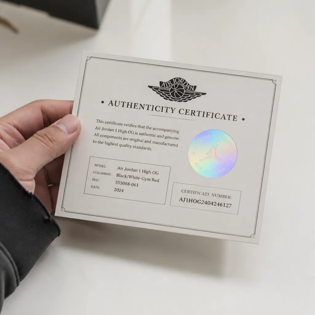 Authenticity certificate with holographic seal and serial number verifying genuine Air Jordan 1 High OG