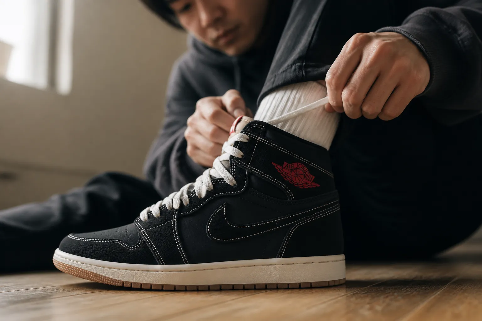Iconic Jordan wing logo displayed prominently on the leather quarter panel with precise stitching and embossed detail