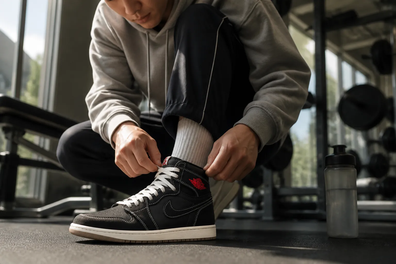 Athleisure outfit with the Air Jordan 1 High OG styled with track pants and a hoodie in a modern gym setting