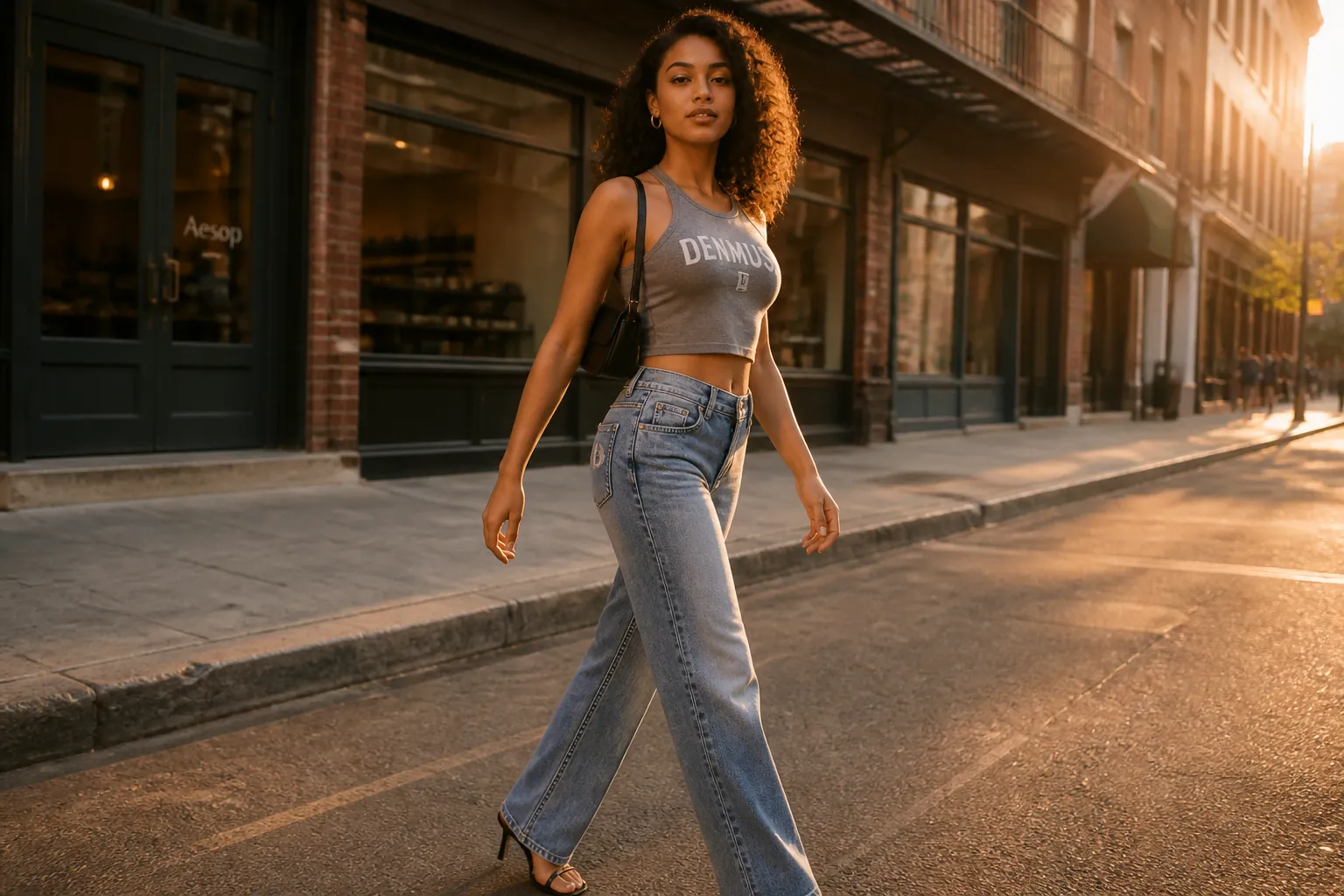 Young woman walking confidently down a city street wearing stylish Denmuse jeans and a casual top. Golden hour lighting, urban lifestyle photography showing effortless style and comfort.