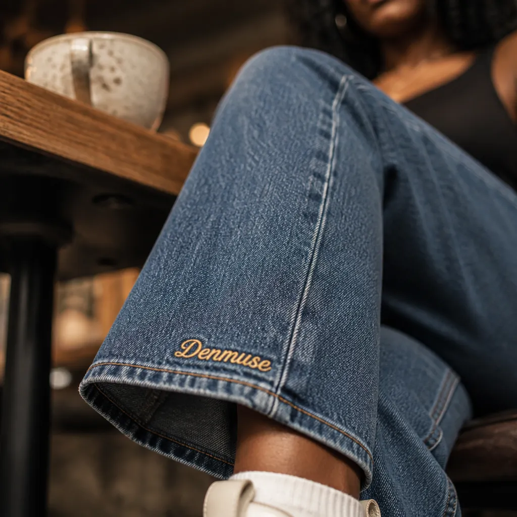 A confident young woman with a big genuine smile, wearing stylish Denmuse jeans and looking directly at the camera. Bold and empowering portrait with warm dramatic lighting against a dark background.