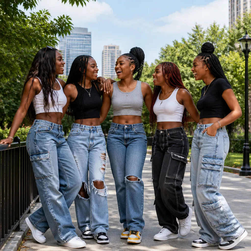 A group of diverse young women laughing together while wearing stylish jeans. Bright confident energy, outdoor setting with natural lighting, Gen-Z friendship vibes.