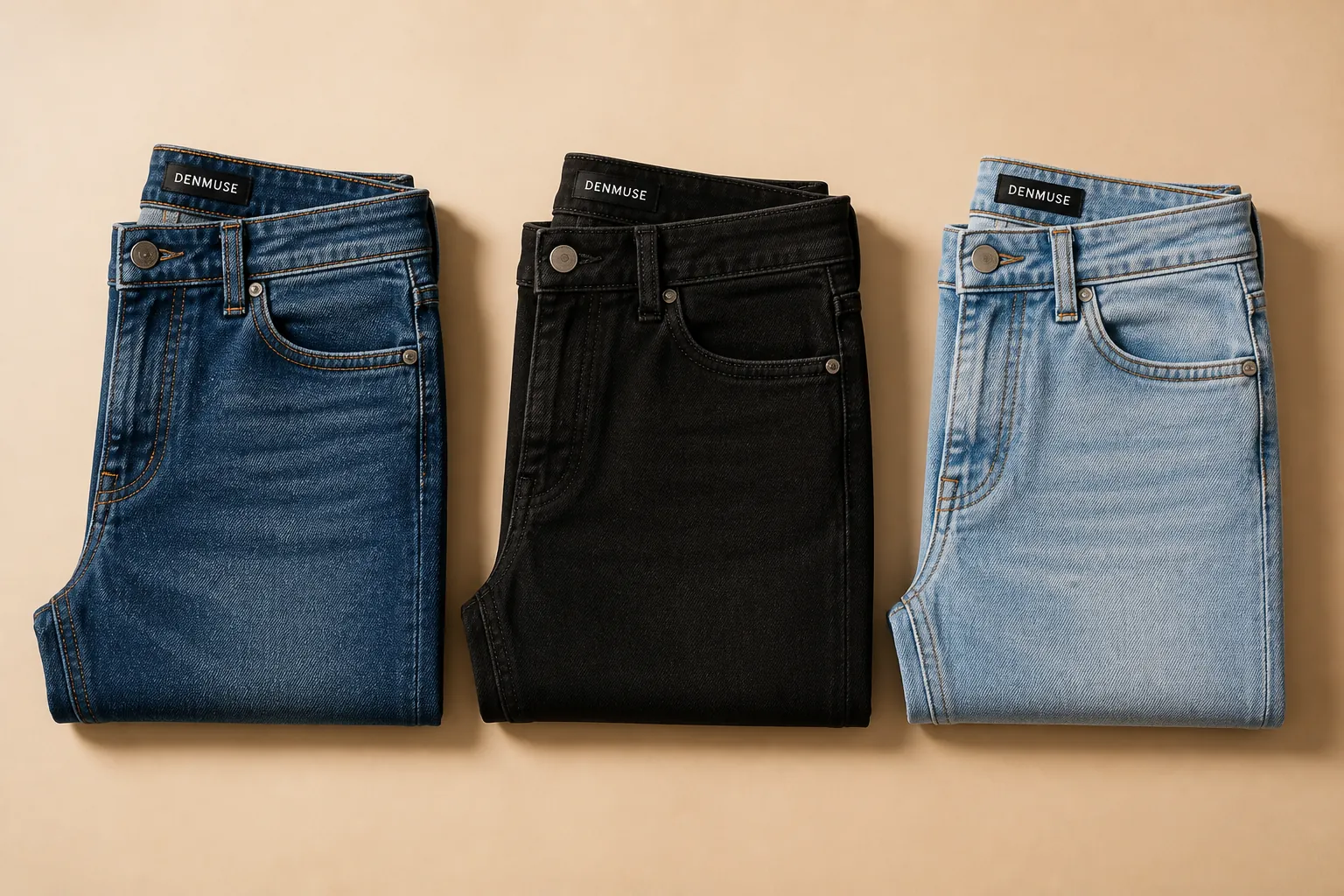 Clean flat lay product shot of Denmuse jeans in multiple washes including classic blue, black, and light blue. Professional fashion photography with soft shadows and warm neutral background.