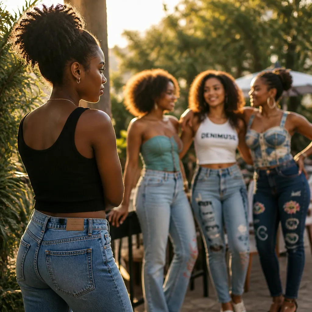 Maya standing on the sidelines watching her friends confidently pose for photos in stylish jeans while she feels left out. Warm candid moment showing her longing expression.