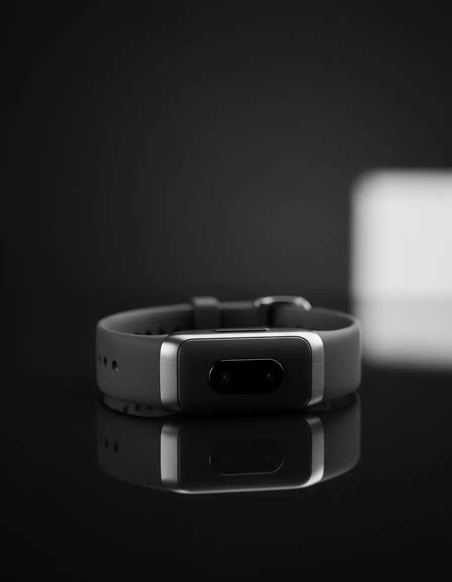 Close-up of Smart Fitness Band on wrist with heart rate display visible