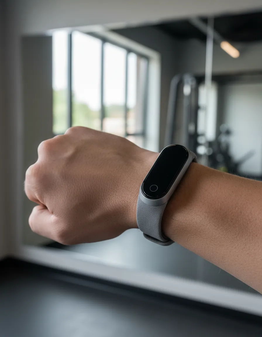 Woman wearing fitness band with thoughtful expression