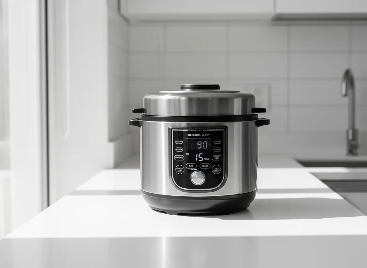 Modern pressure cooker with steam rising