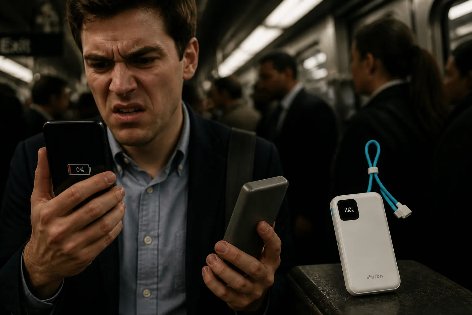 Close-up portrait of a young professional showing extreme frustration while staring at a completely dead smartphone screen with 0% battery indicator, wearing business casual attire in a dimly lit subway station during rush hour