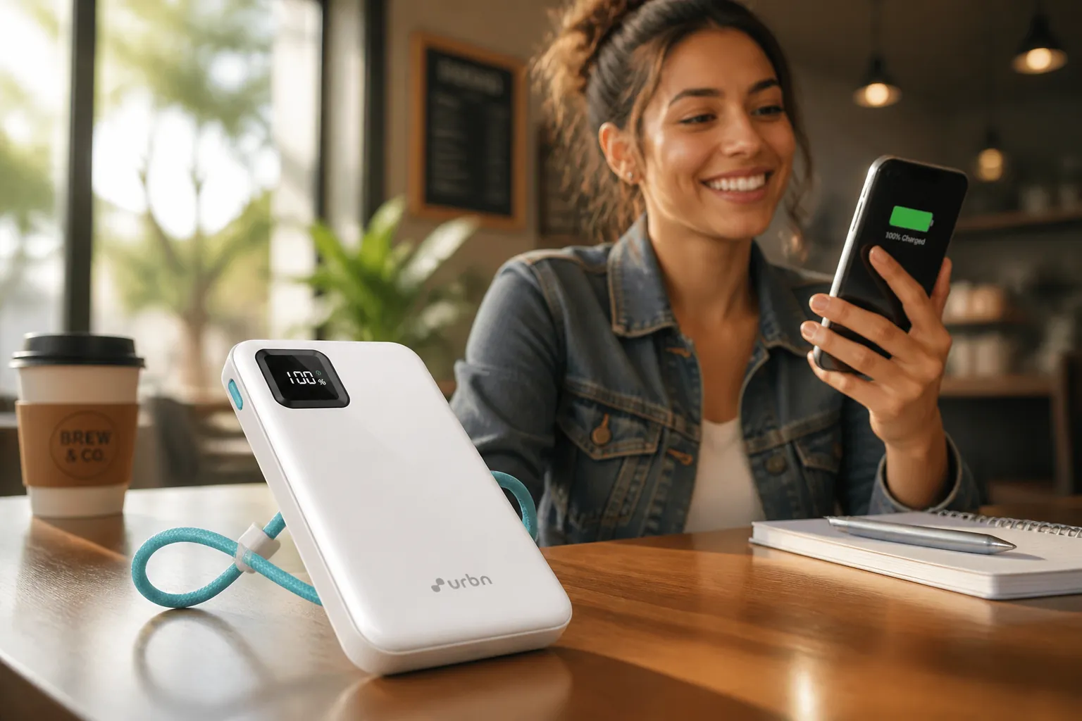 Energetic young woman smiling confidently while holding a fully charged smartphone with green battery indicator, sitting in a bright coffee shop with natural light streaming through windows, looking relaxed and productive