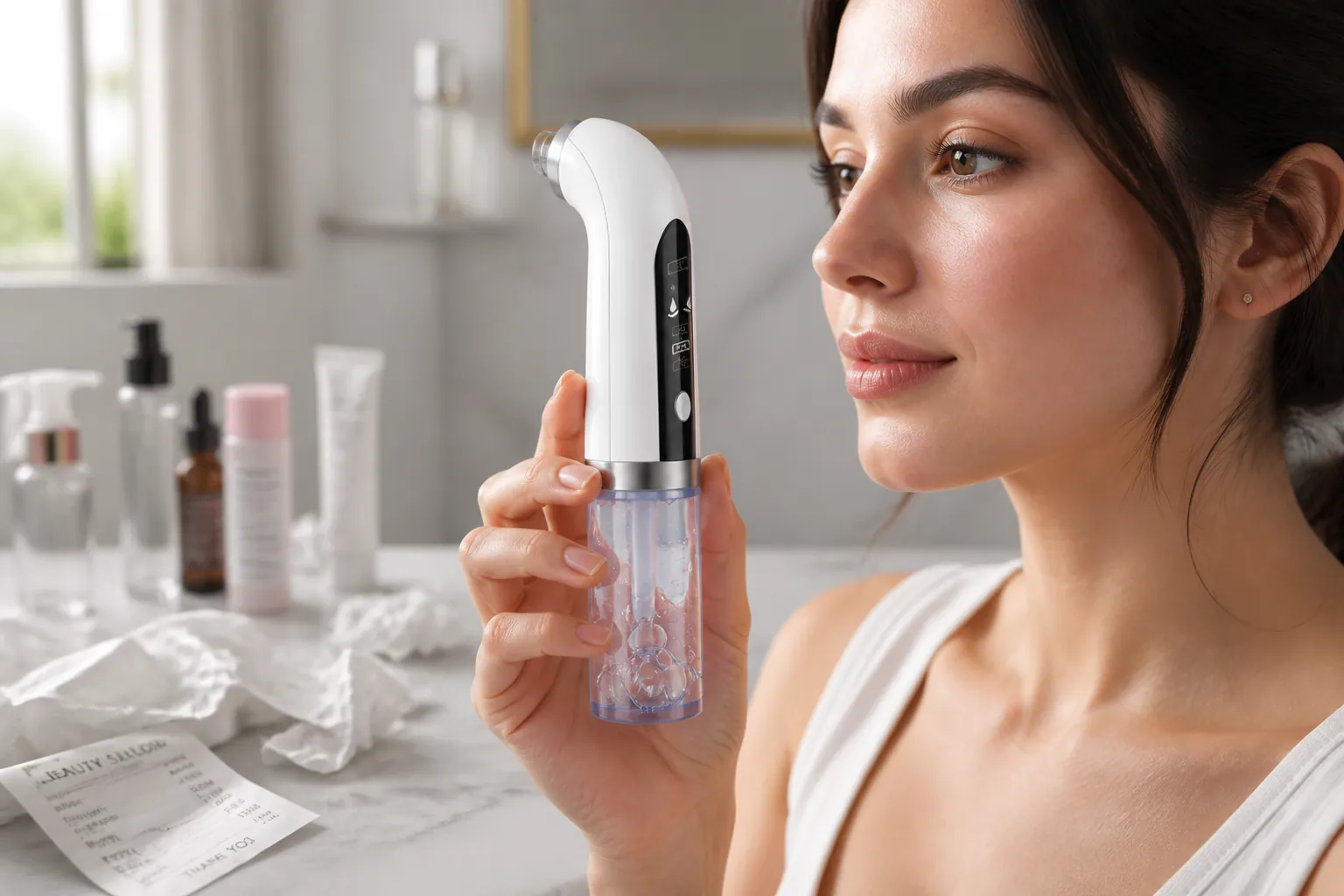 Visual timeline showing disappointed woman surrounded by failed skincare products and salon receipts