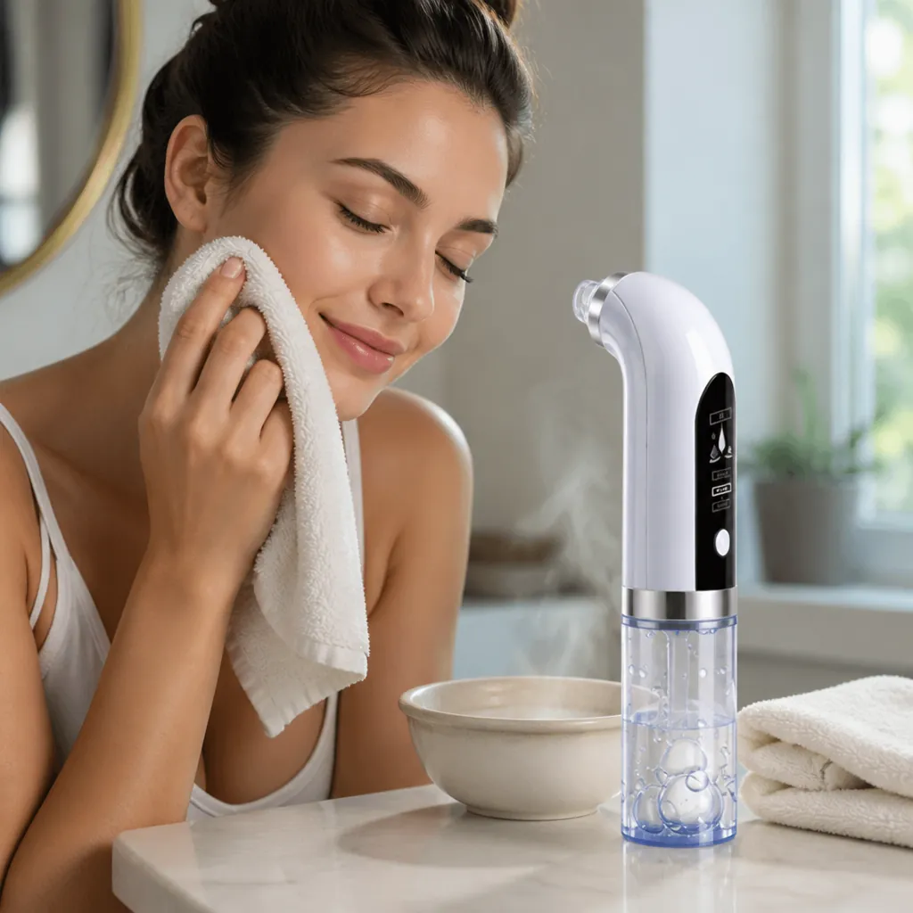 Person applying warm cloth to face before using pore vacuum for best results