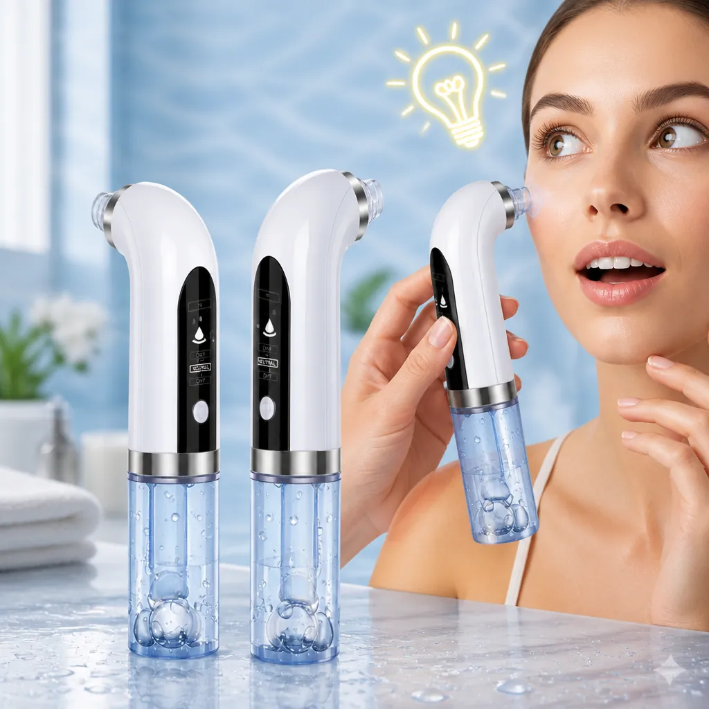 Close-up of pore vacuum product with curious and hopeful expression and glowing lightbulb moment graphic