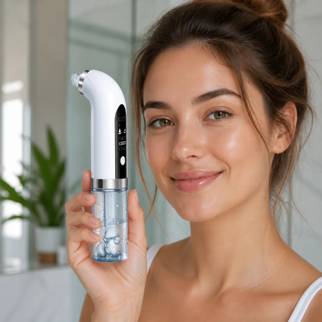 Happy woman with clear glowing skin doing morning routine feeling confident and radiant