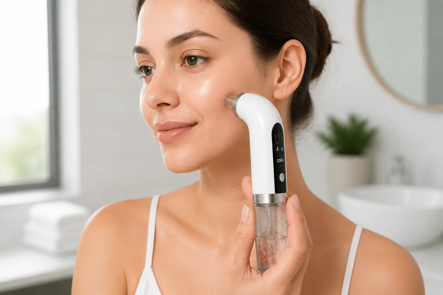 Meera's before and after showing dramatic skin improvement with minimized pores and clear complexion