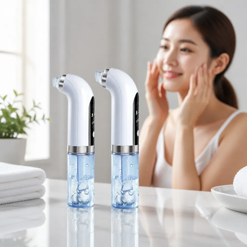 Happy confident person with clear smooth radiant skin after successful pore vacuum treatment