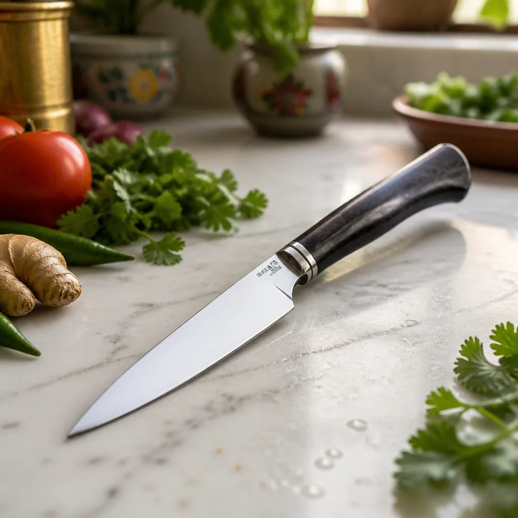 Modern Indian kitchen setting with clean marble countertops, fresh vegetables and herbs, and our knife ready for professional food preparation