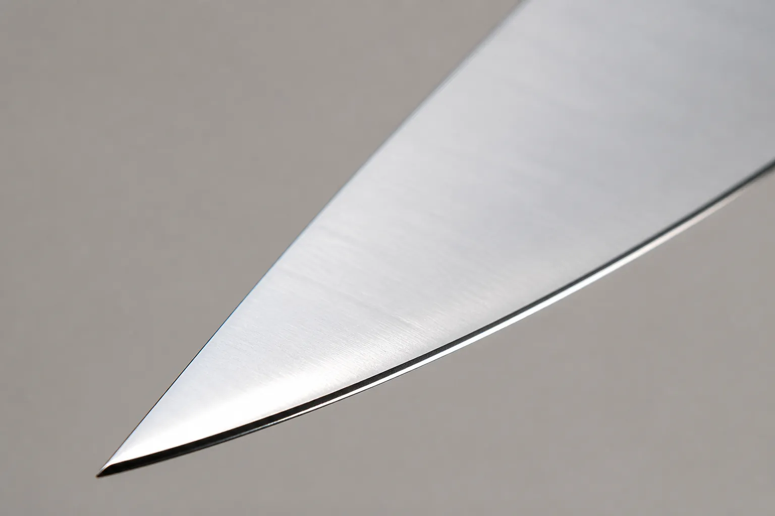 Extreme close-up of the knife blade edge showing the precision-honed razor-sharp cutting surface with mirror finish