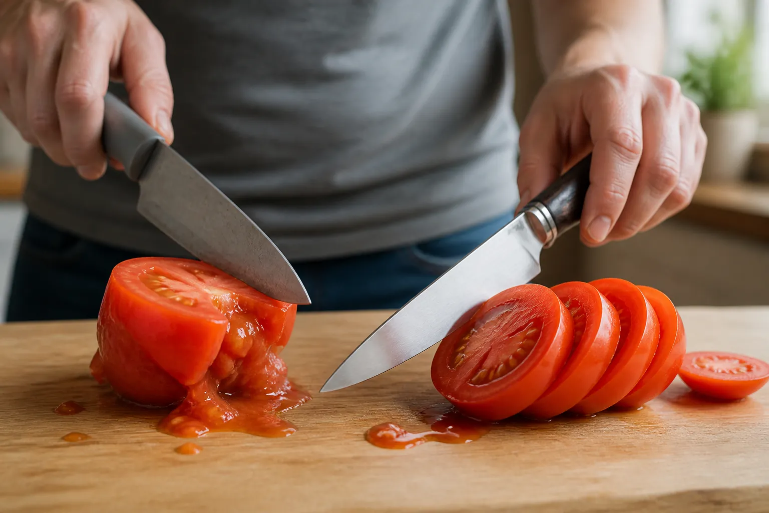 Dull kitchen knife struggling to cut through a tomato, with juice squeezing out unevenly showing the frustration of using low-quality blades