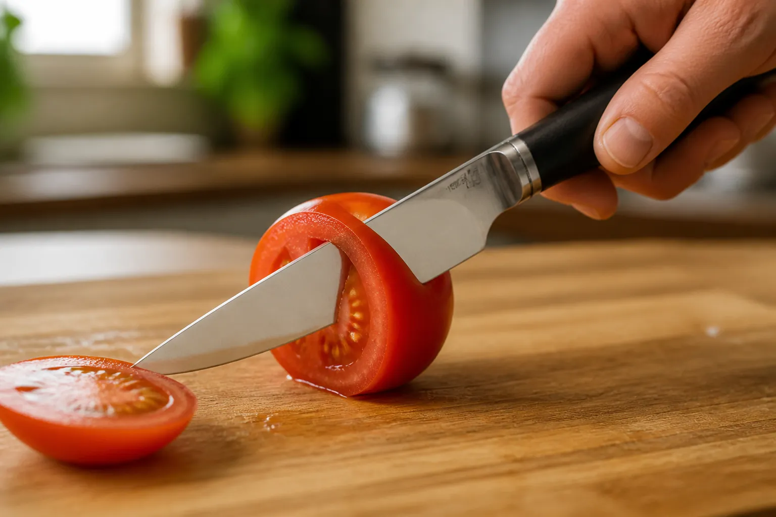 Our premium sharp knife making a perfect clean slice through a ripe tomato with smooth edges and no juice loss