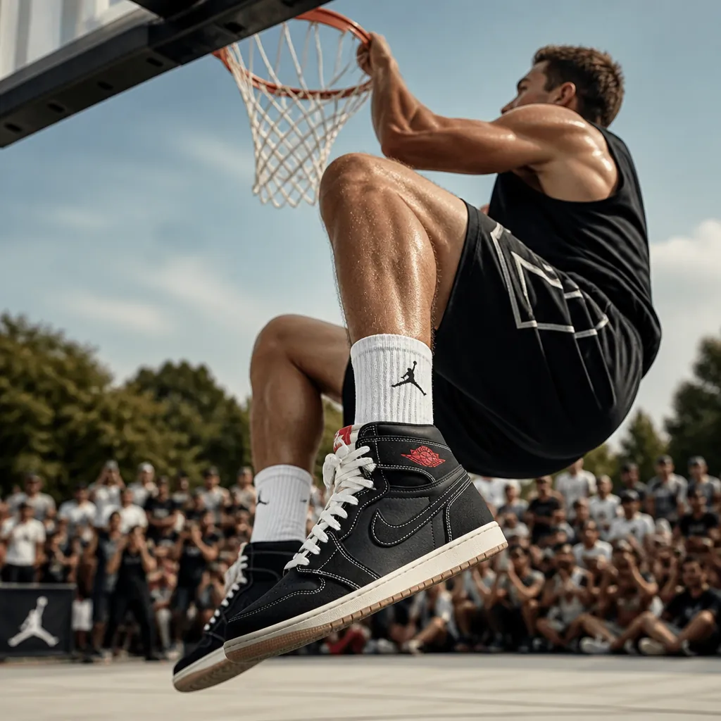 Professional streetball player wearing Air Jordan 1 High OG Flight Club performing dunk on outdoor court with crowd cheering in background