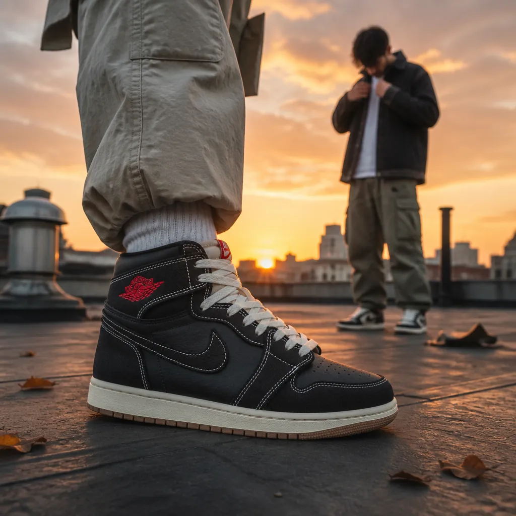 Fashion influencer styling Air Jordan 1 with streetwear outfit in modern city rooftop location during sunset with dramatic sky backdrop