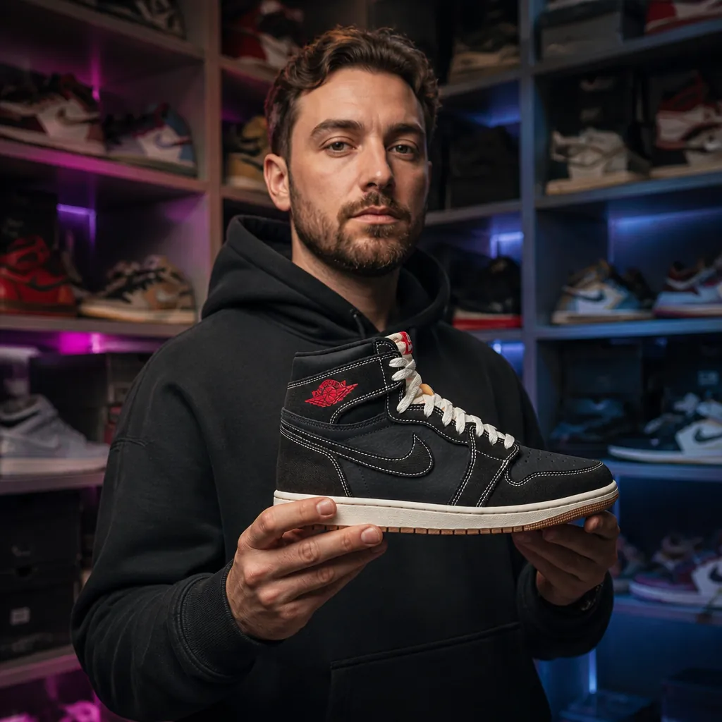 Serious sneakerhead displaying their premium collection with Air Jordan 1 Flight Club as centerpiece in organized sneaker room with RGB lighting