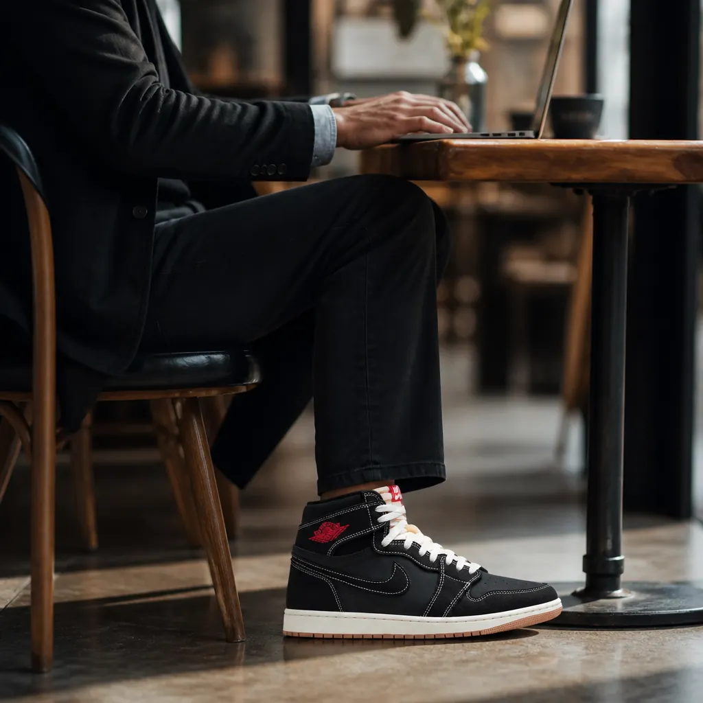 Creative professional wearing Air Jordan 1 High OG with smart casual outfit working from trendy cafe with natural window lighting
