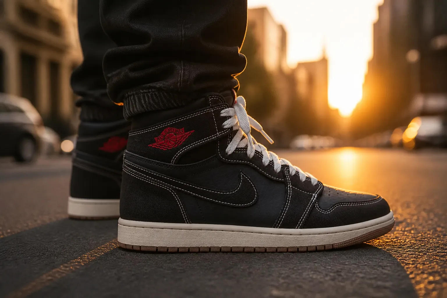 Emotionally compelling lifestyle photograph of confident person wearing Air Jordan 1 High OG Flight Club standing in golden hour cityscape with dramatic silhouette and warm sunset lighting