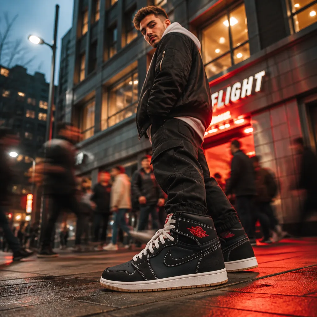 Same person now wearing Air Jordan 1 High OG Flight Club with confident stylish outfit radiating energy in vibrant urban setting with cinematic red accent lighting