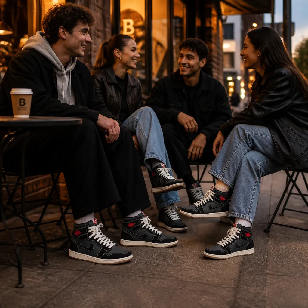 Group of diverse friends wearing matching Air Jordan 1 sneakers posing together outside trendy coffee shop in downtown area with city lights