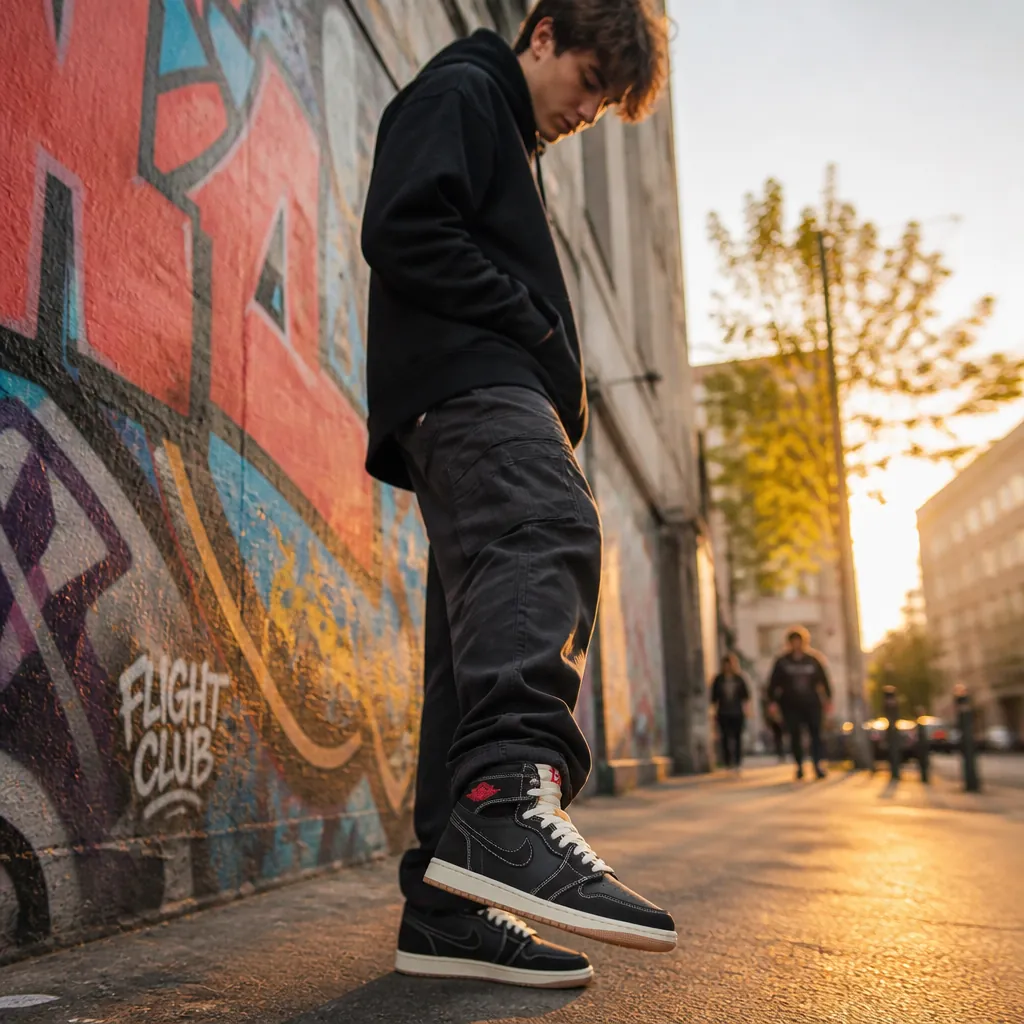 Young sneaker collector wearing Air Jordan 1 High OG in vibrant urban street setting with graffiti wall backdrop and golden hour lighting