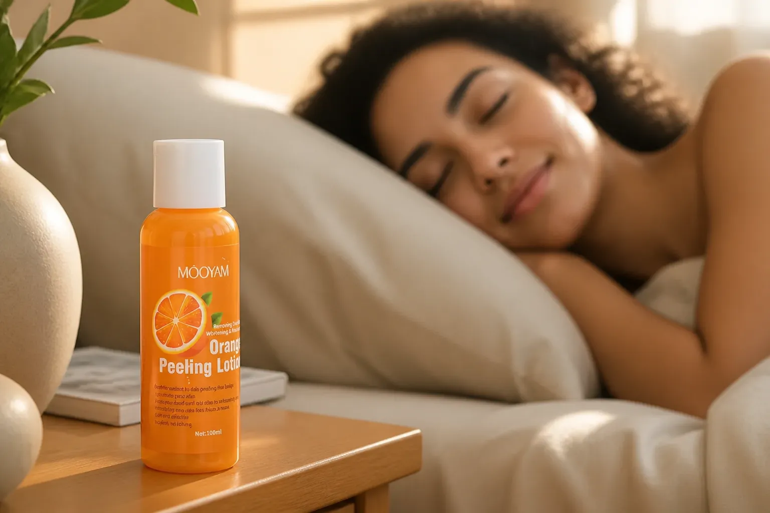 Peaceful woman sleeping peacefully with fresh skin waking up to morning light showing overnight results