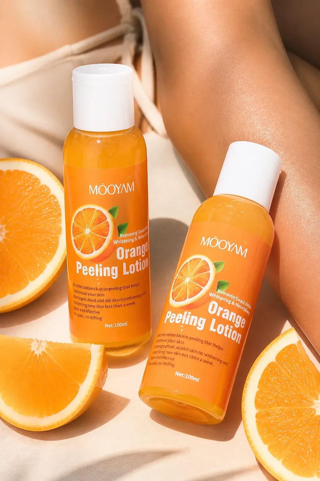 Close-up of smooth glowing skin with fresh orange slices arranged artfully around an orange peel lotion bottle, warm morning light atmosphere