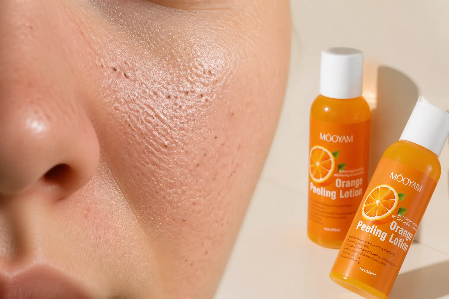 Magnified view of congested skin with clogged pores showing blackheads and congested texture