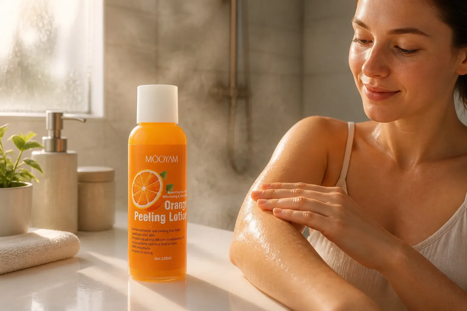 Beautiful woman applying orange peel lotion to damp post-shower skin in modern bathroom with steam