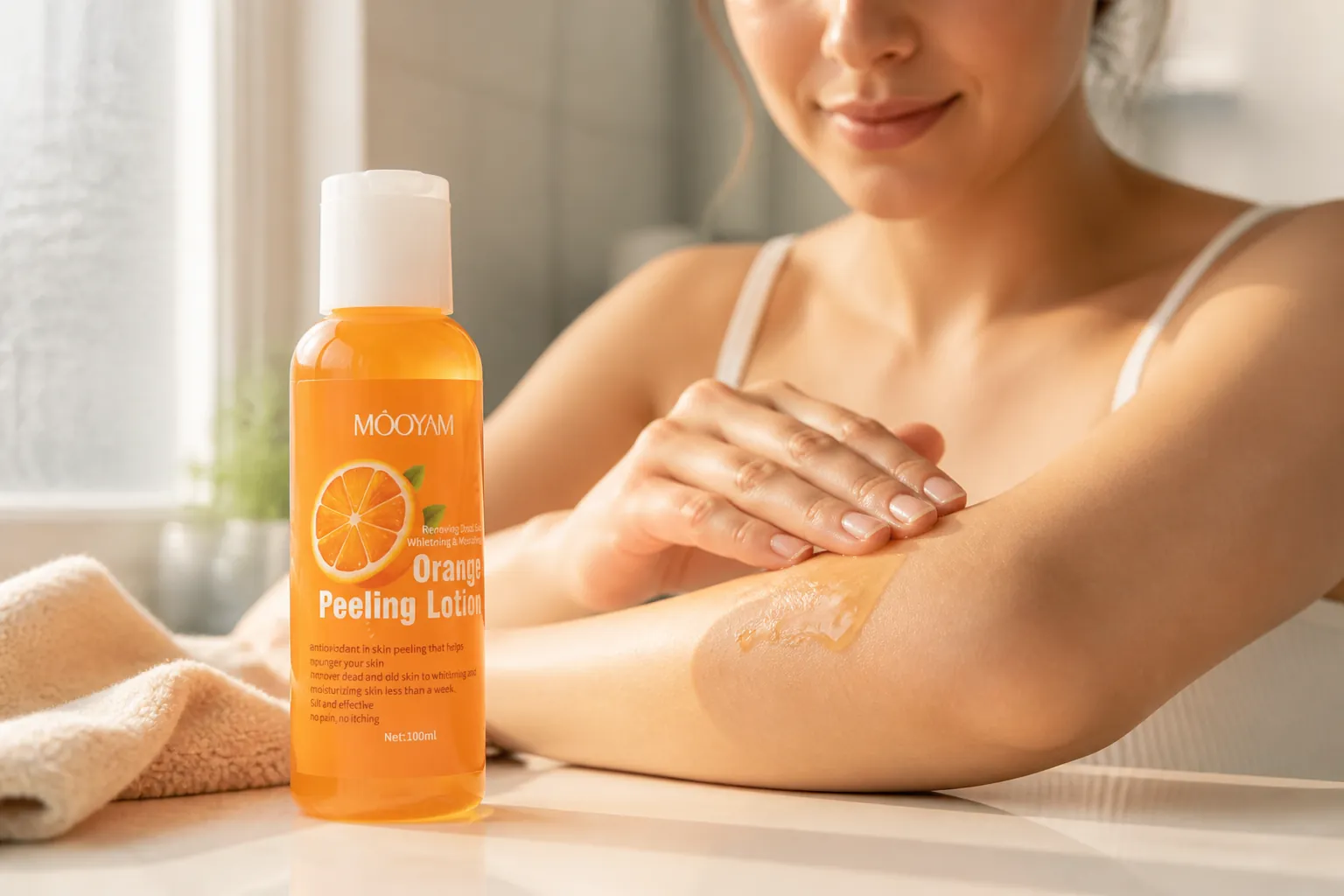 Woman applying gentle daily skincare lotion in morning routine with soft bathroom lighting